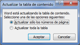 Ventana ¿inútil? que permite seleccionar el modo según el cual se debe actualizar la tabla de contenido