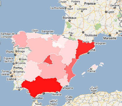 Mapa de Google Maps con una capa donde se superpone un mapa dinámico con las CCAA de España