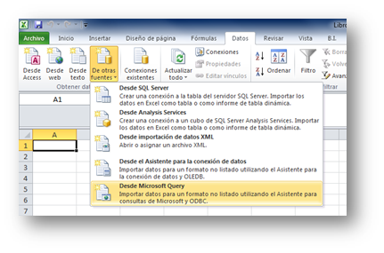 Las opciones que muestra Excel 2012 para importar datos. Está Microsoft query, of course.