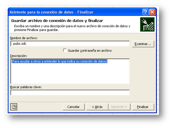 El formulario para guardar el archivo de conexión en Microsoft Excel Business Intelligence.