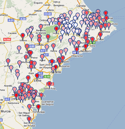 Prototipo con la ubicación (longitud y latitud) de los pueblos de Alicante. El color del "marker" representa la población de cada municipio.