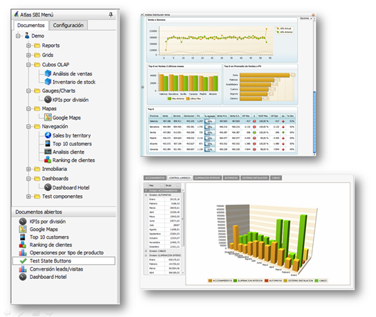 Panel de navegación, y varias pantallas desarrolladas con Atlas SBI.